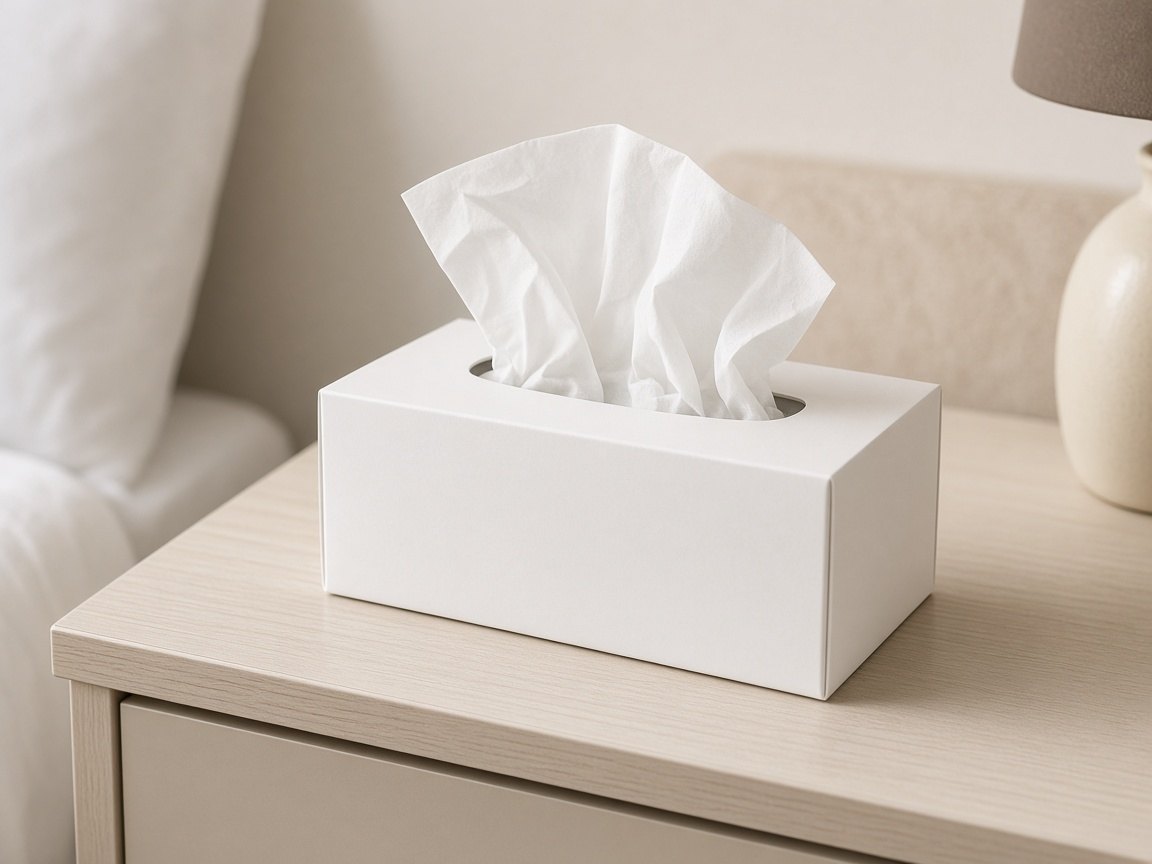 Facial tissue box on a bedside table