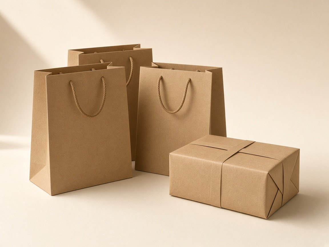 Kraft shopping bags and wrapped parcels