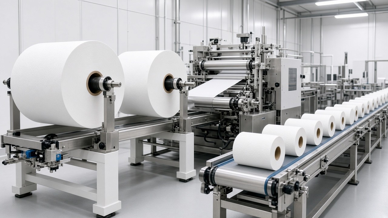 Toilet tissue rolls on a converting and cutting line